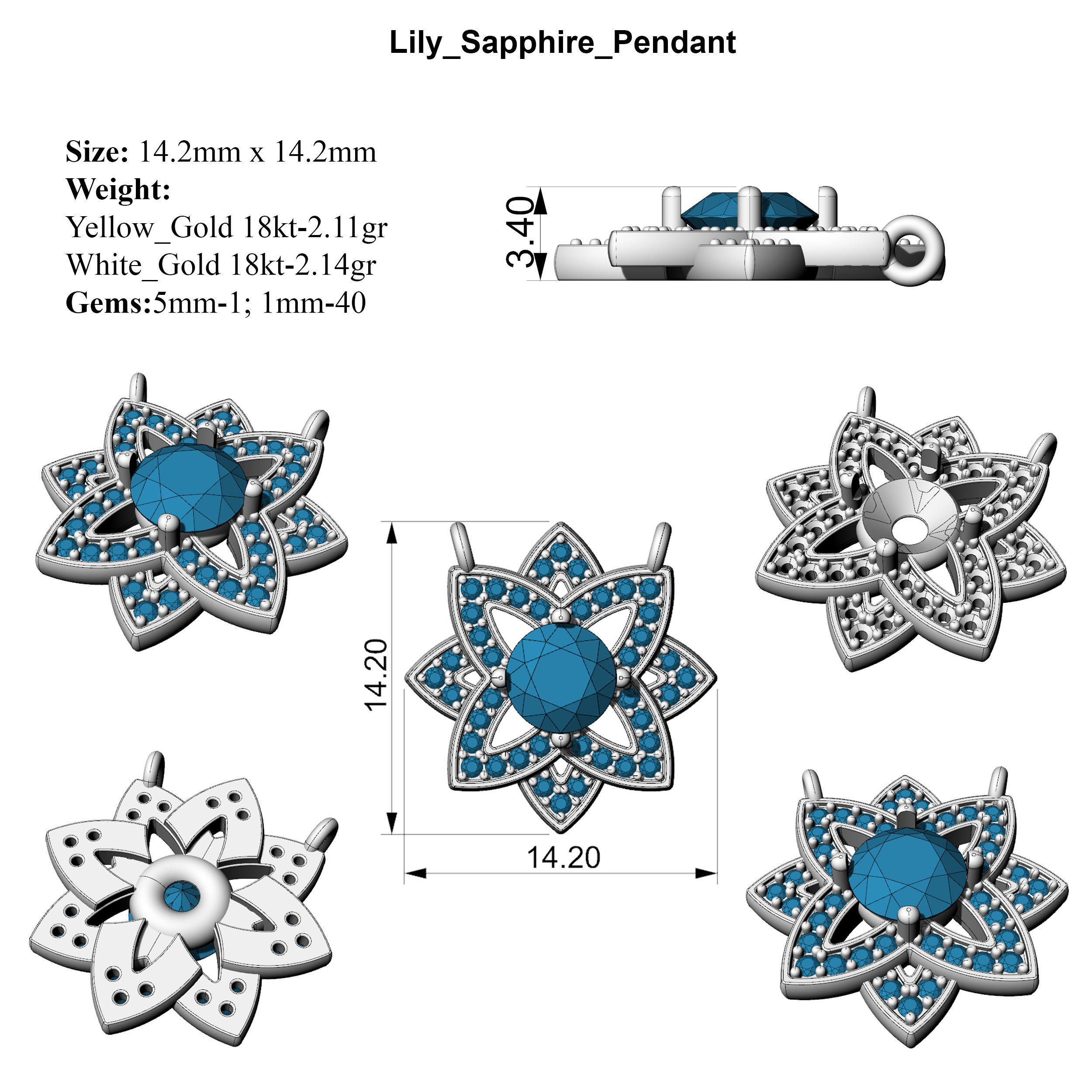 Lily Sapphire Pendant 3D print model_4