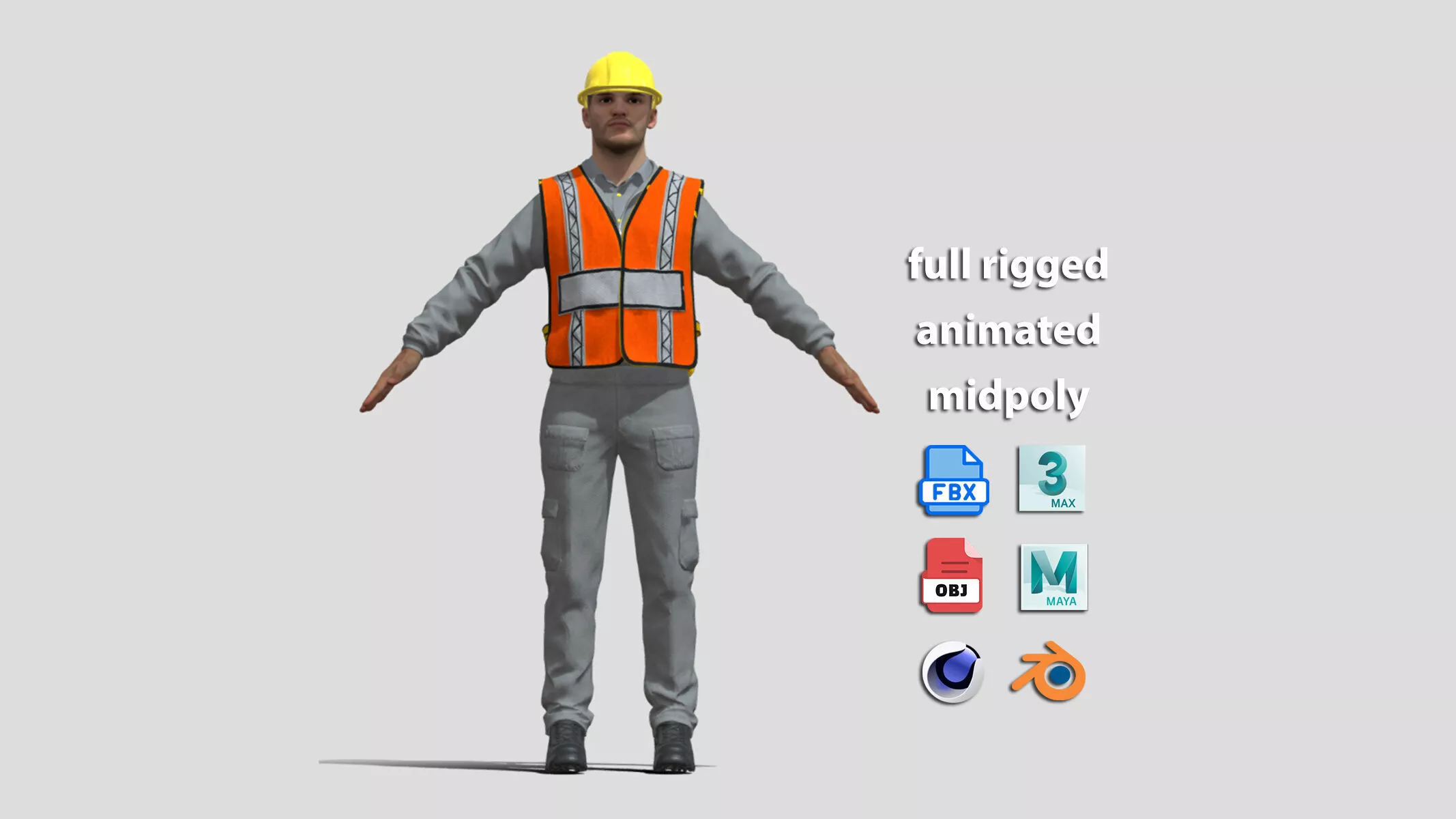 A-Pose Rigged Construction Worker - Full Body Face Rig 3D model