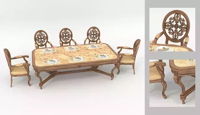 Royal Ivory Baroque Dining Set 4 3D model 5