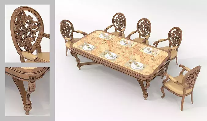 Royal Ivory Baroque Dining Set 4 3D model 2
