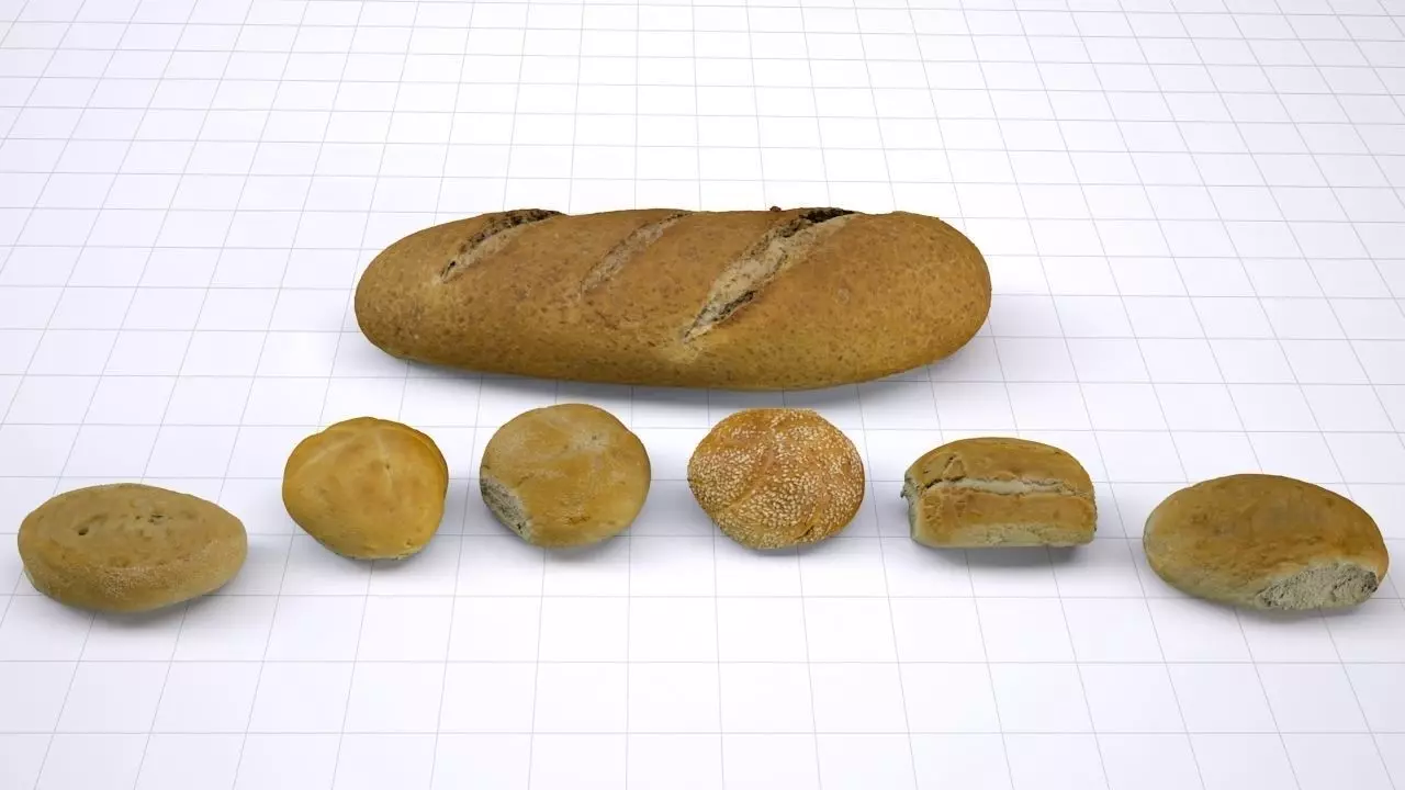 Bun Pack - 6 buns and 1 baguette - High resolution 3d scan 3D model_0