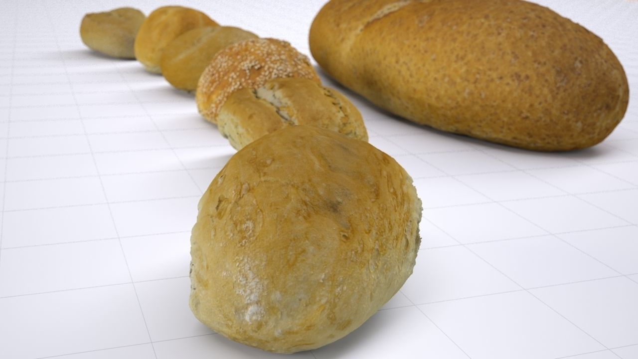 Bun Pack - 6 buns and 1 baguette - High resolution 3d scan 3D model_7