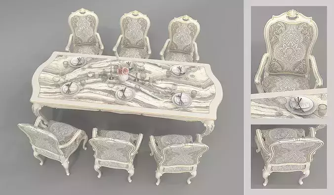 Royal European Classic Table and Chairs 2 3D model 5
