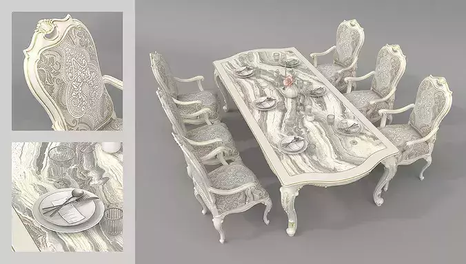 Royal European Classic Table and Chairs 2 3D model 2