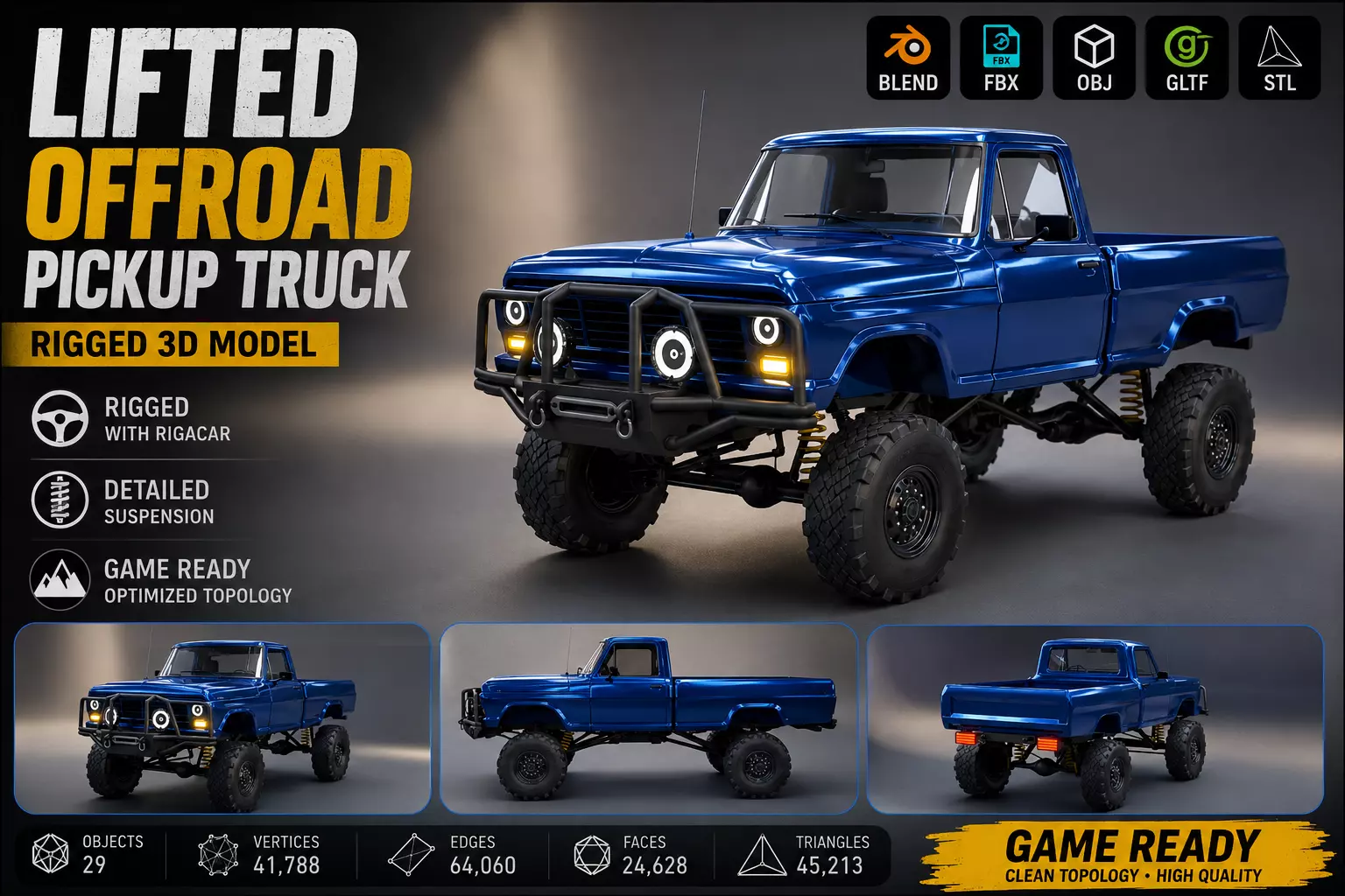 Vintage Offroad Pickup Truck 3D Model Rigged Low-poly 3D model