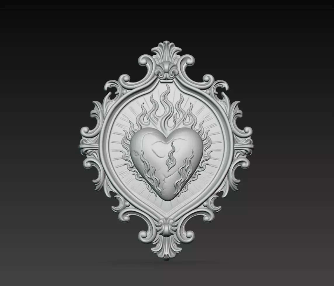 Flame Engraved Sacred Heart Baroque Relief STL Model 3D print model