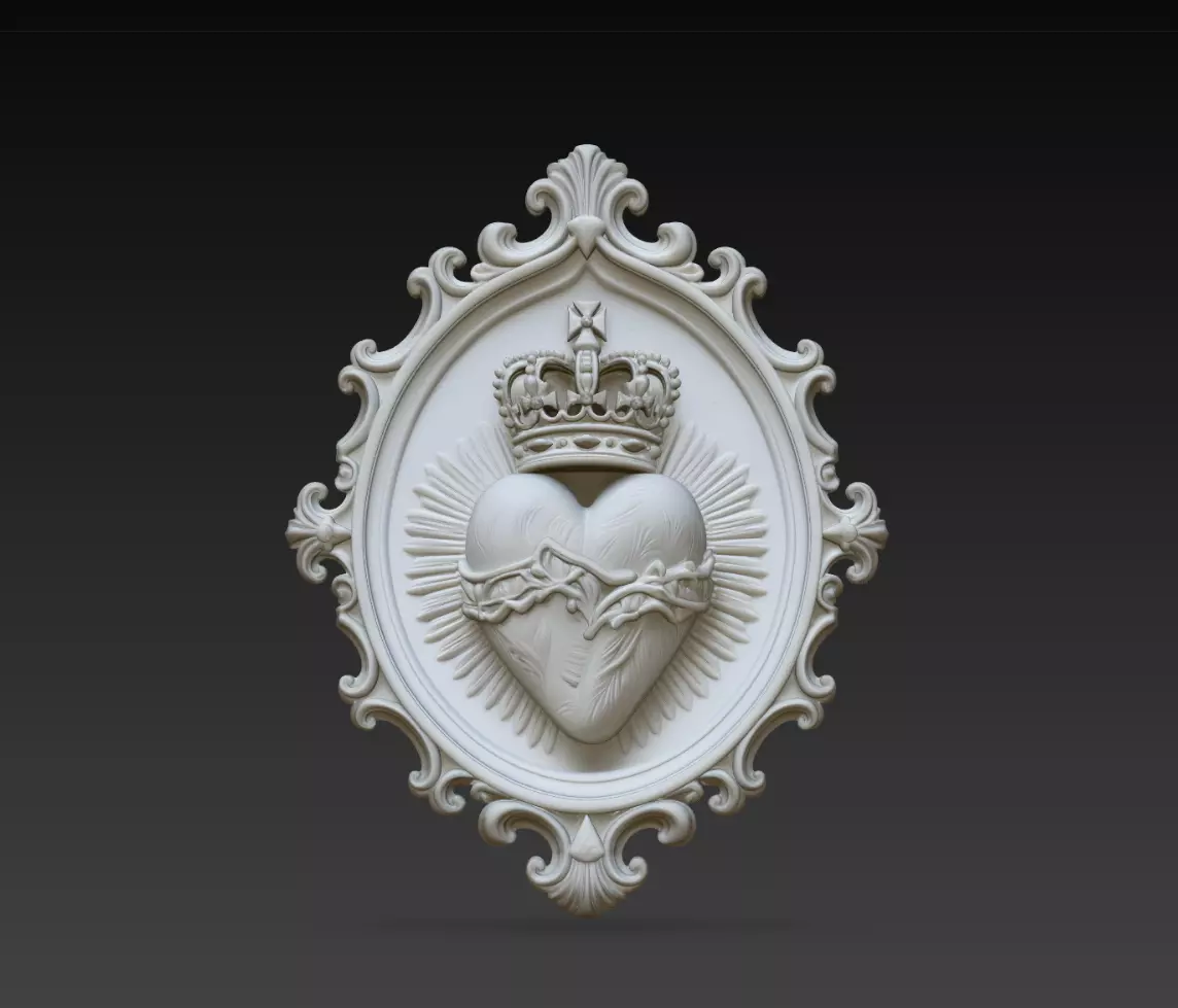 Crowned Sacred Heart Baroque Wall Relief STL Model 3D print model