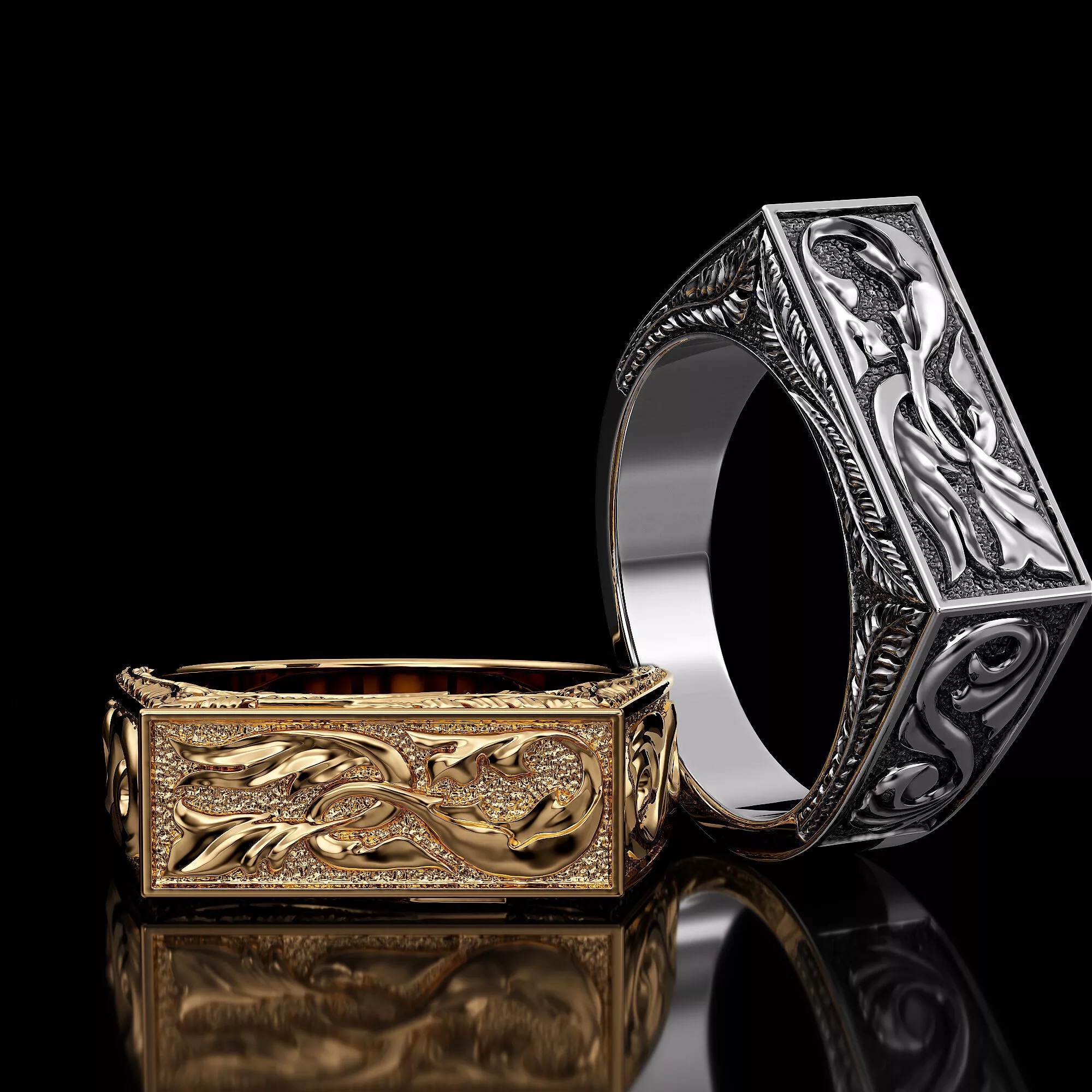 Mens signet ring with floral arabesque relief carving 3D print model