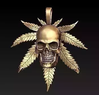 rasta gold skull pendant with marijuana leaves 3D print model