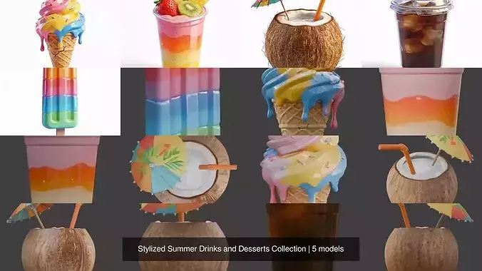 Stylized Summer Drinks and Desserts Collection 3D Model Pack