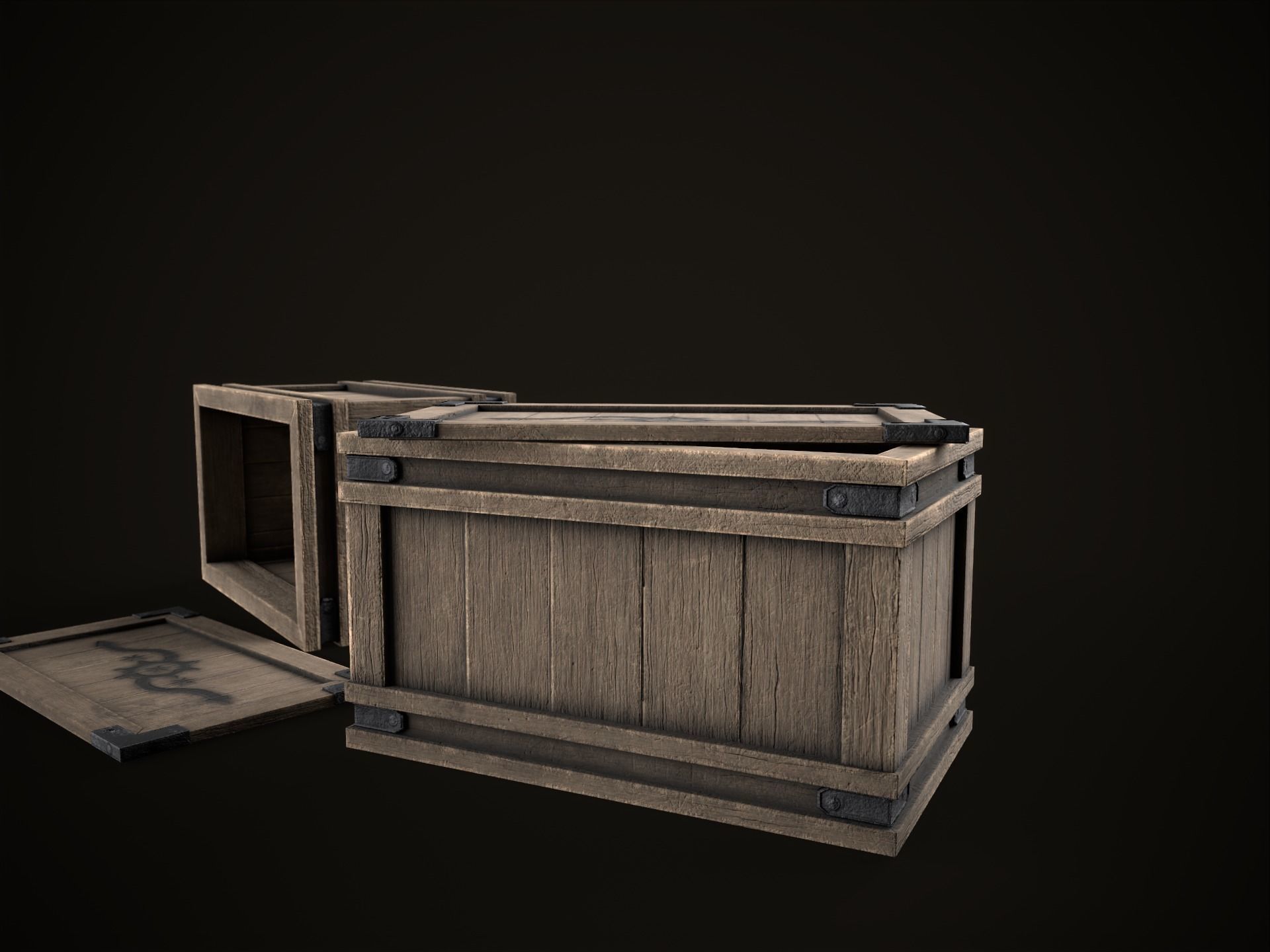 Game Ready Wooden Crate with Lid Low-poly 3D model_7