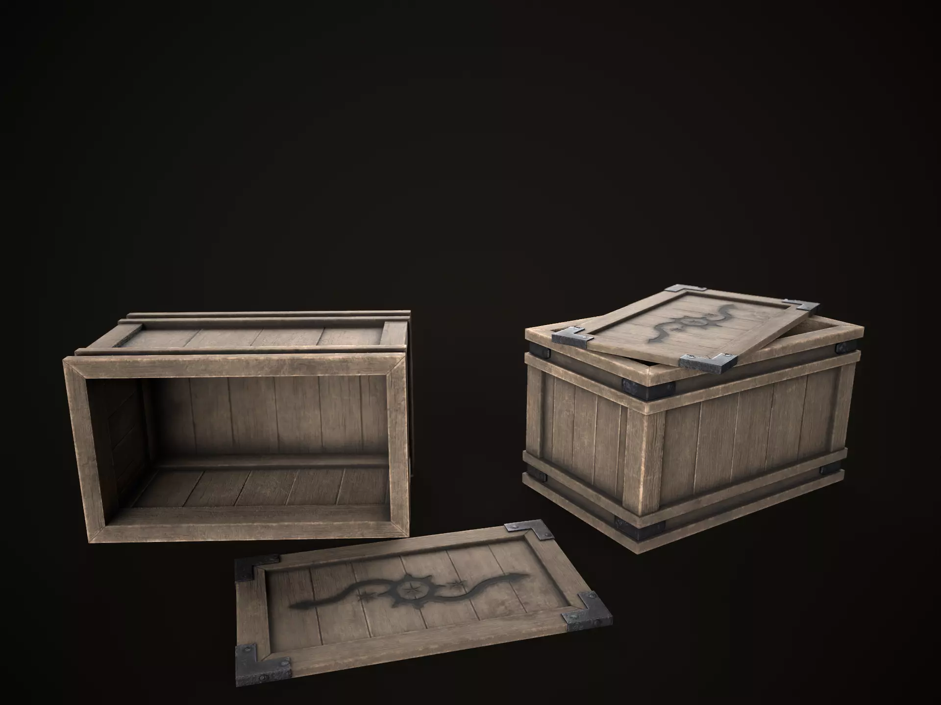Game Ready Wooden Crate with Lid Low-poly 3D model_0