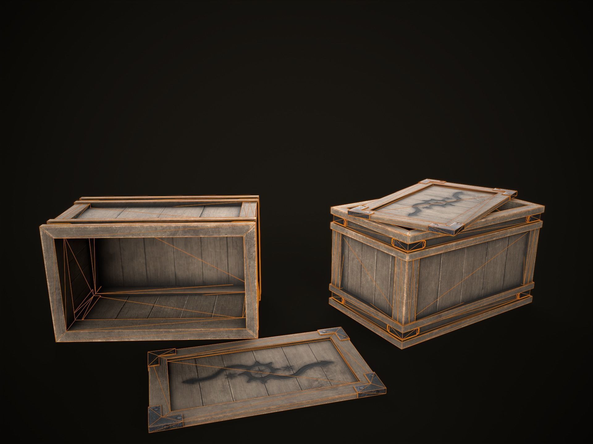 Game Ready Wooden Crate with Lid Low-poly 3D model_2