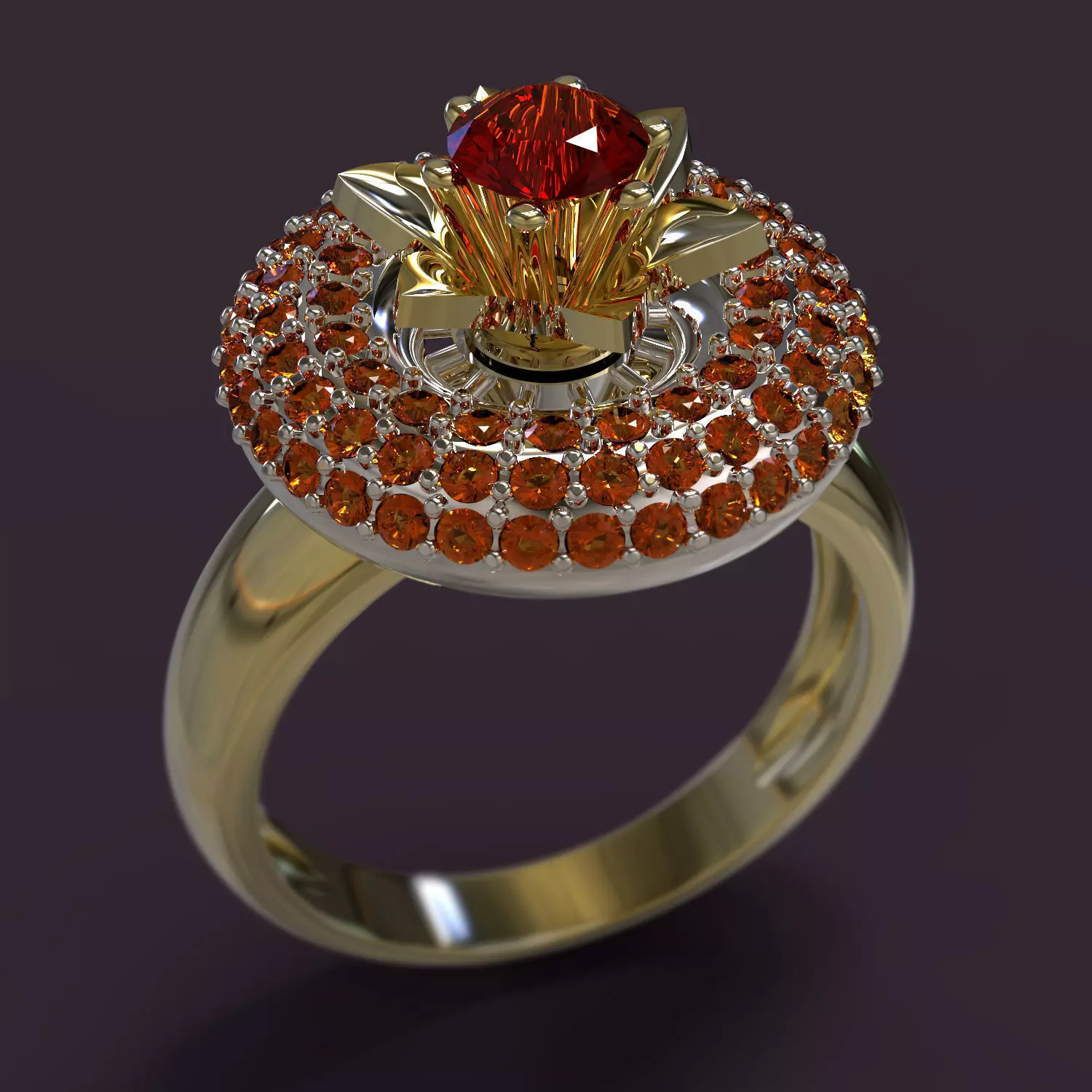 Ring gold with orange sapphires 3D print model_0