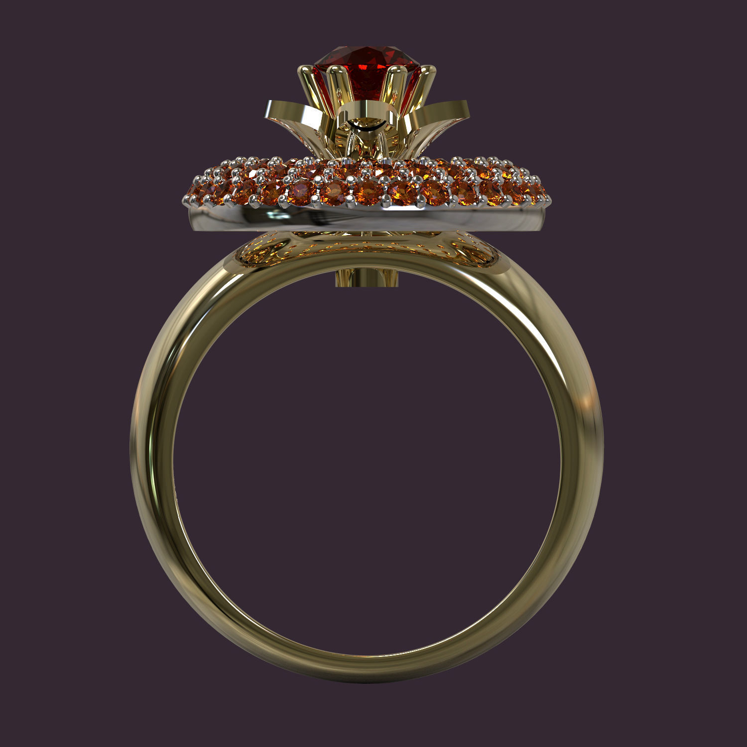 Ring gold with orange sapphires 3D print model_3