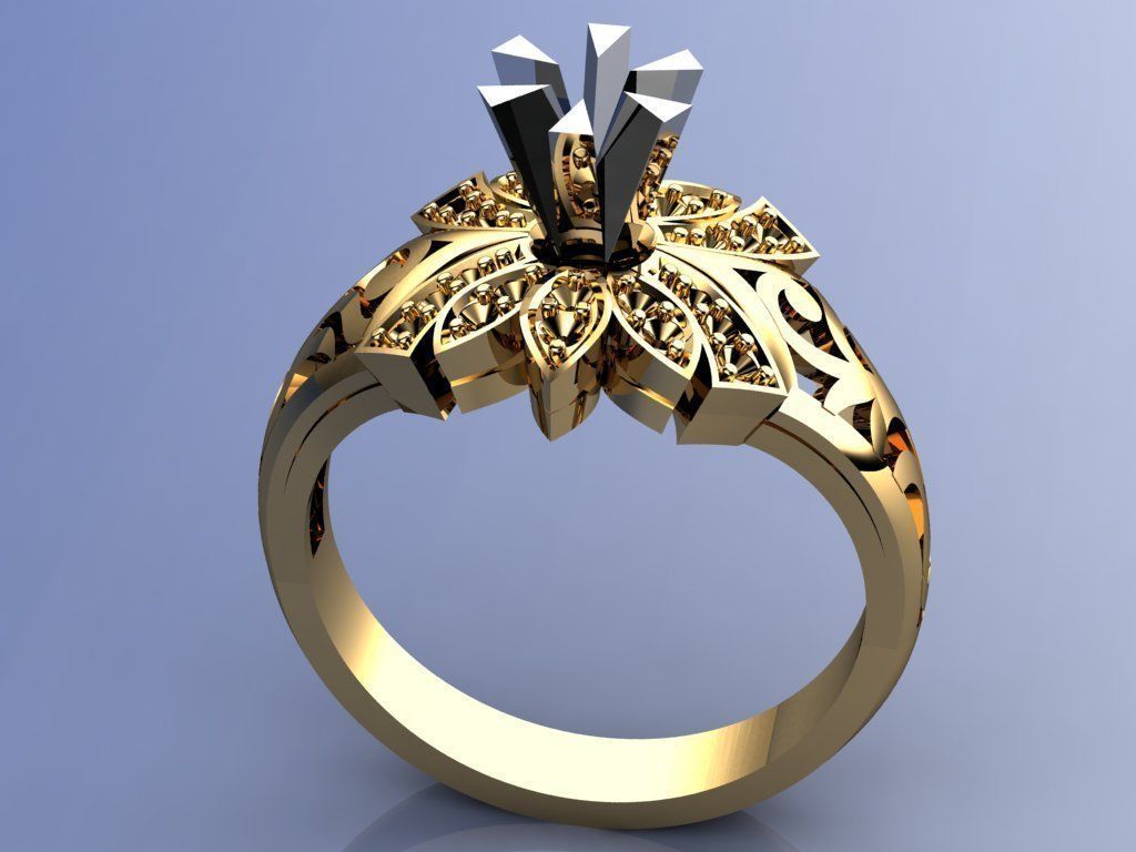 Ring gold with diamond in center 3D print model_5