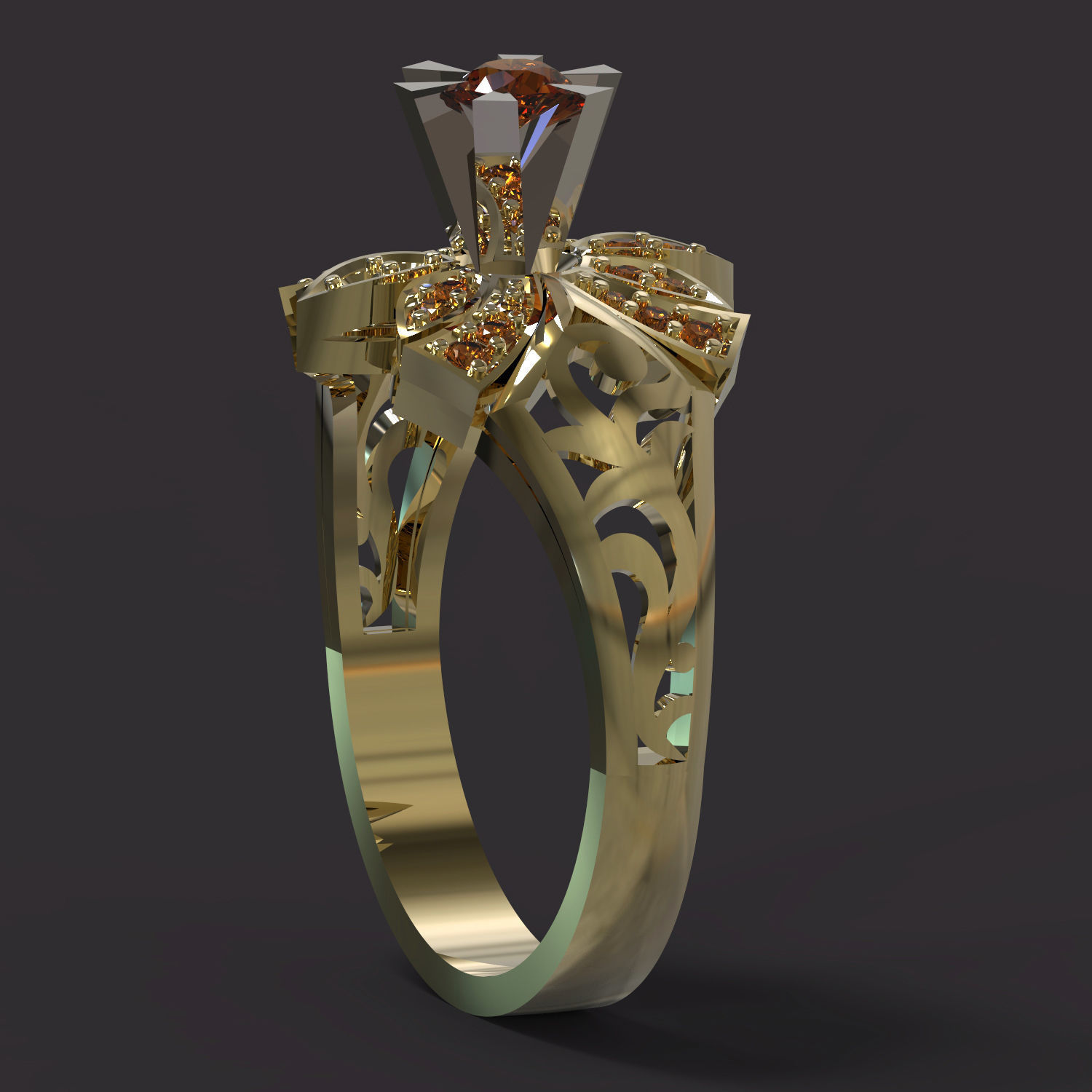 Ring gold with diamond in center 3D print model_3