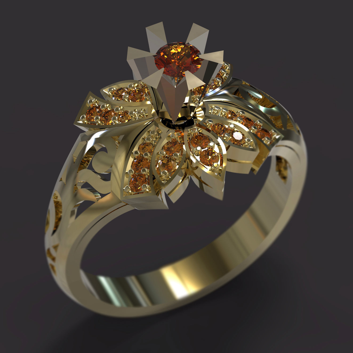 Ring gold with diamond in center 3D print model_1