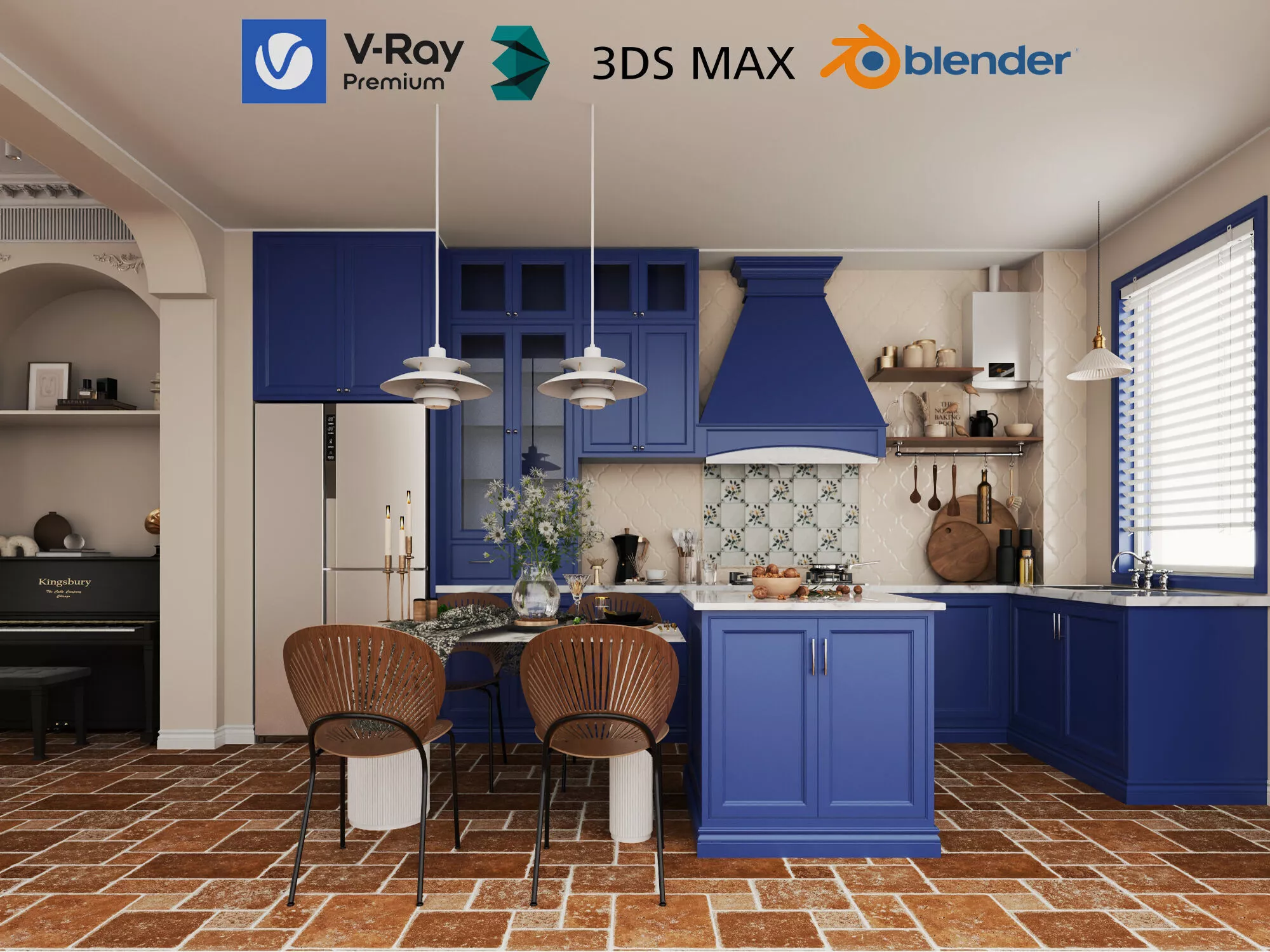Modern blue kitchen interior design Low-poly 3D model