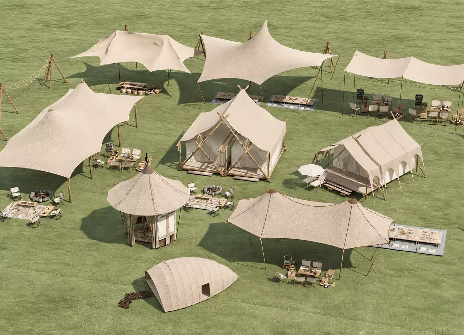 Luxury Glamping Tent Camp Collection Outdoor Resort Pavilion Set 3D model