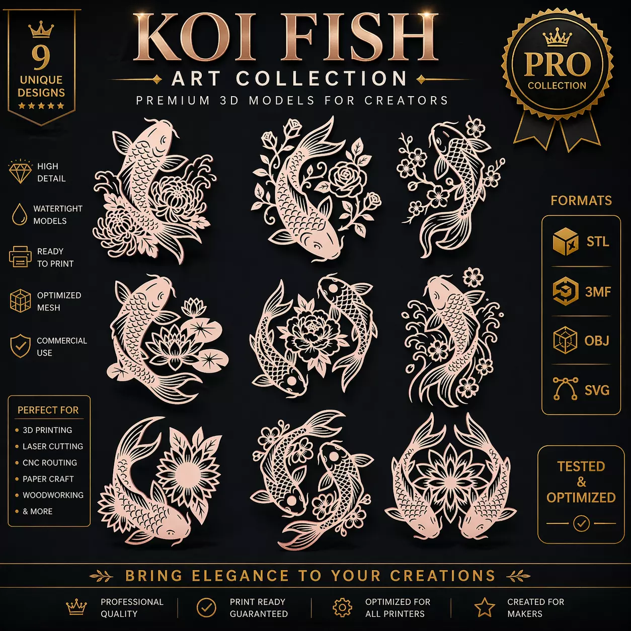 Floral Koi Fish CNC SVG STL Pack 9 Designs 3D print model