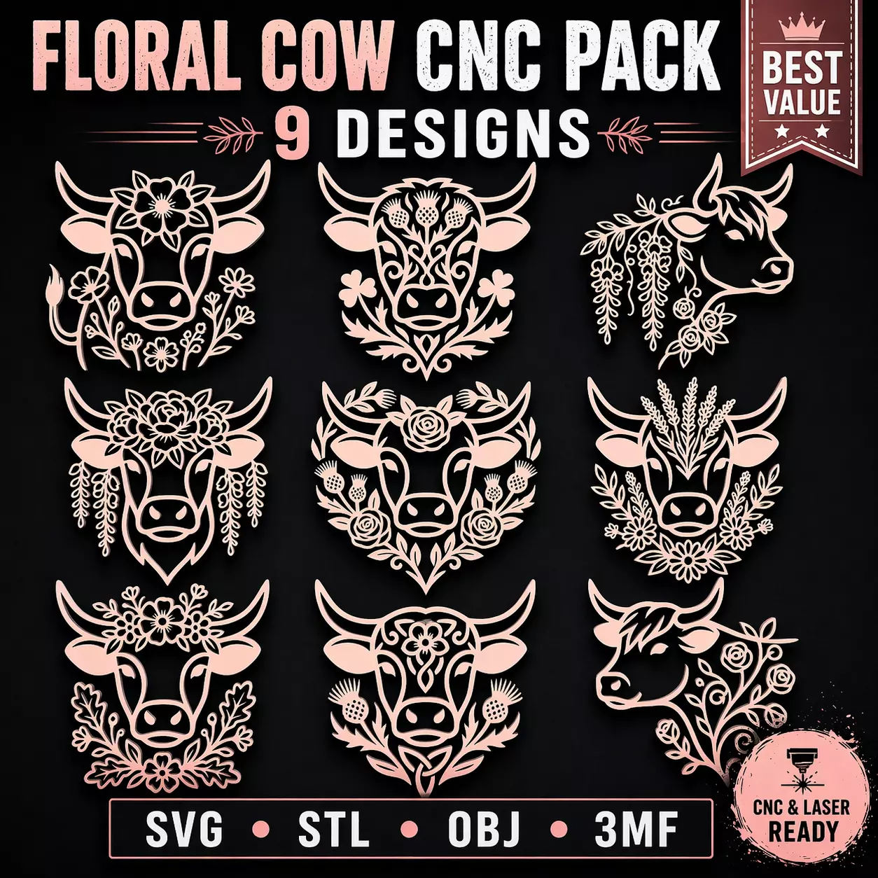 Floral Cow CNC SVG STL Pack 9 Designs 3D print model