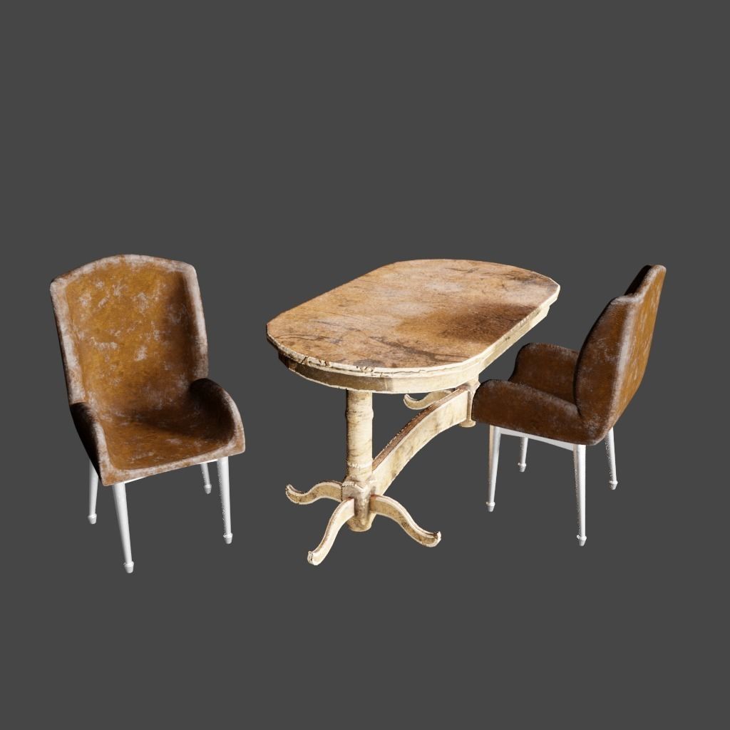 Low-poly old chair and table game asset Low-poly 3D model_0