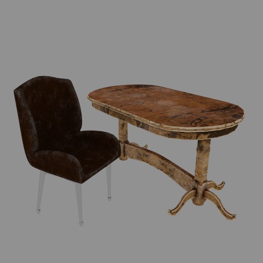 Low-poly old chair and table game asset Low-poly 3D model_1