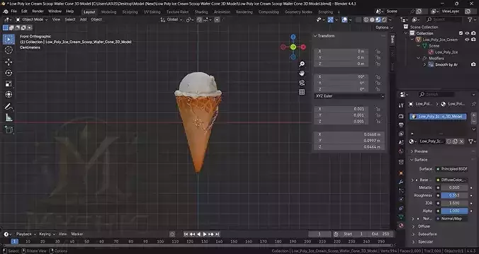 Low Poly Ice Cream Scoop Wafer Cone 3D Model - Dessert Asset Low-poly 3D model 7