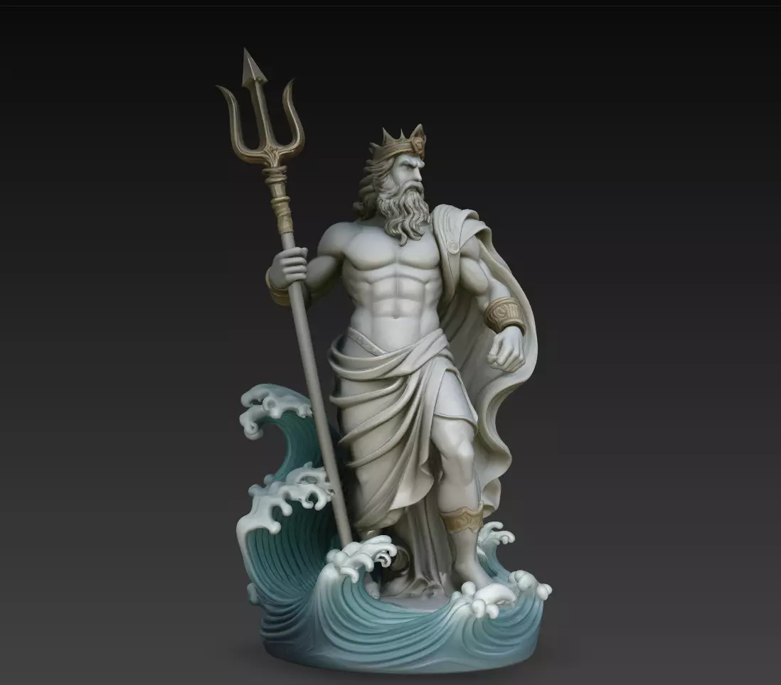 Poseidon Crowned Sea God Trident Statue STL Print Model 3D print model