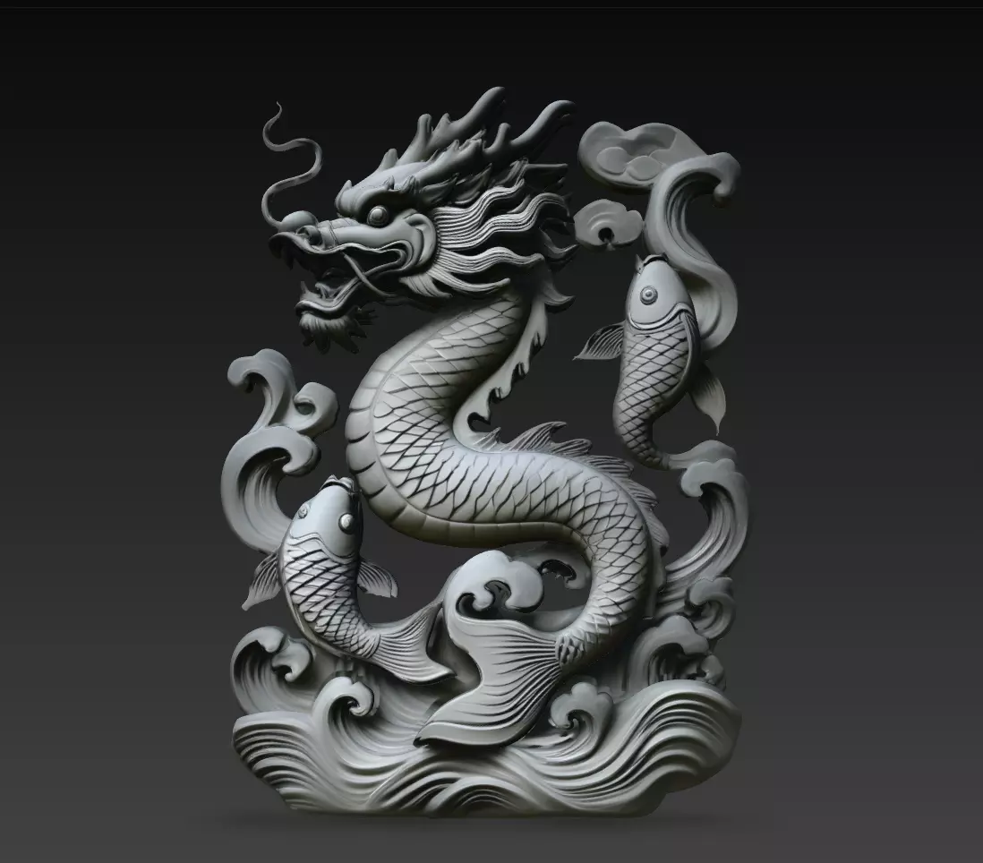 Dragon Koi Wave Relief STL Asian Mythology Sculpture Model 3D print model