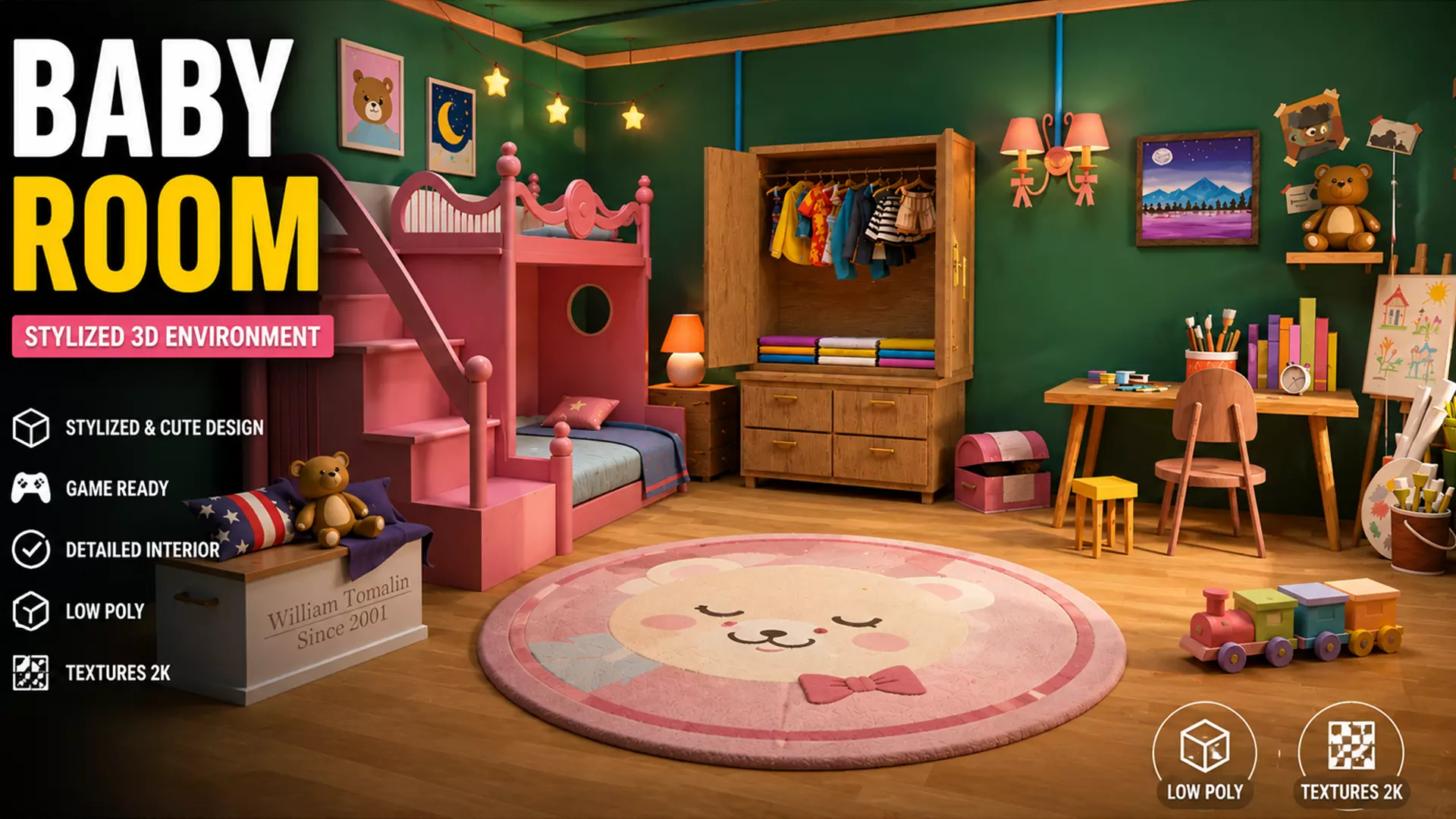 Stylized Kids Bedroom Environment Low-poly 3D model