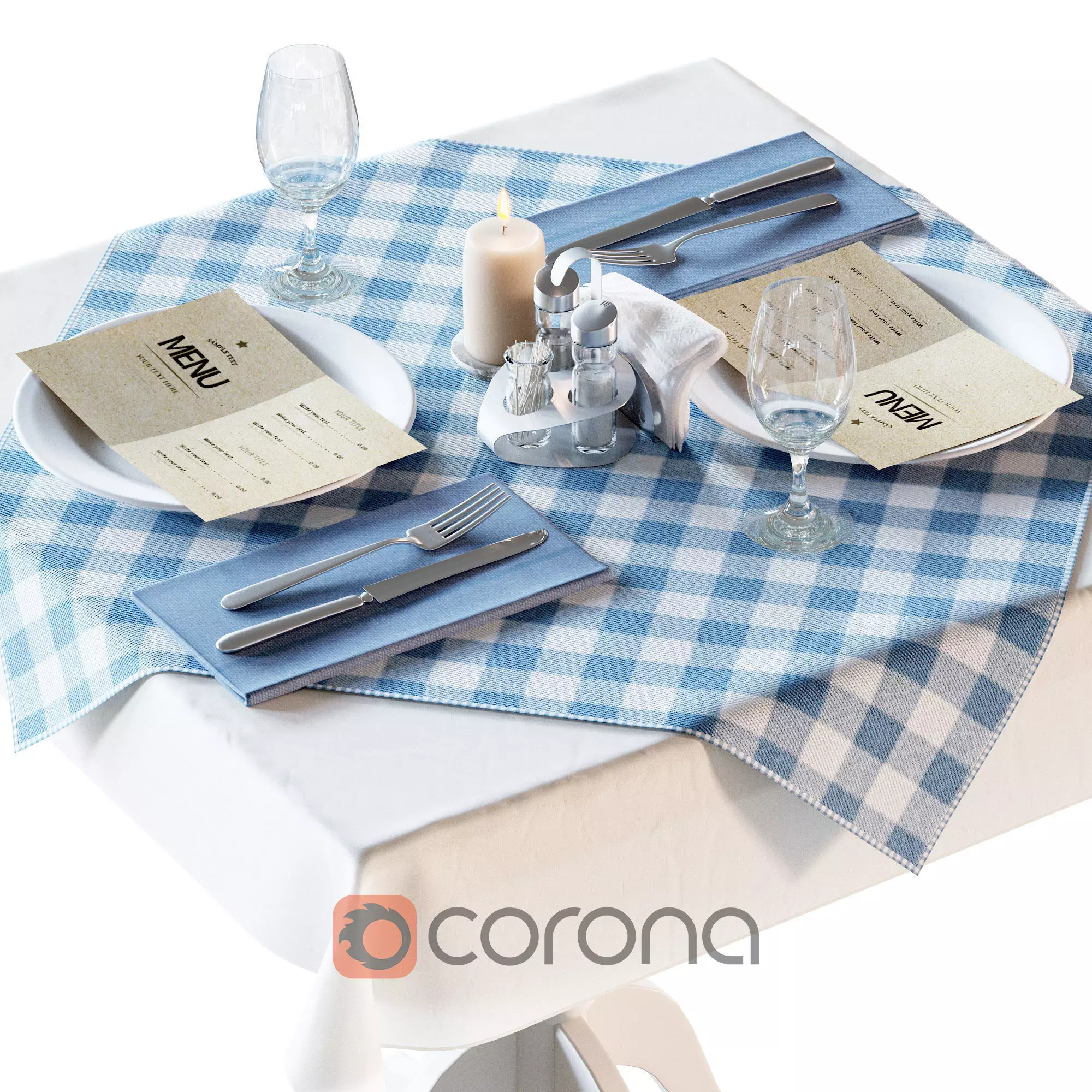 Table with table setting for a cafe 3D model