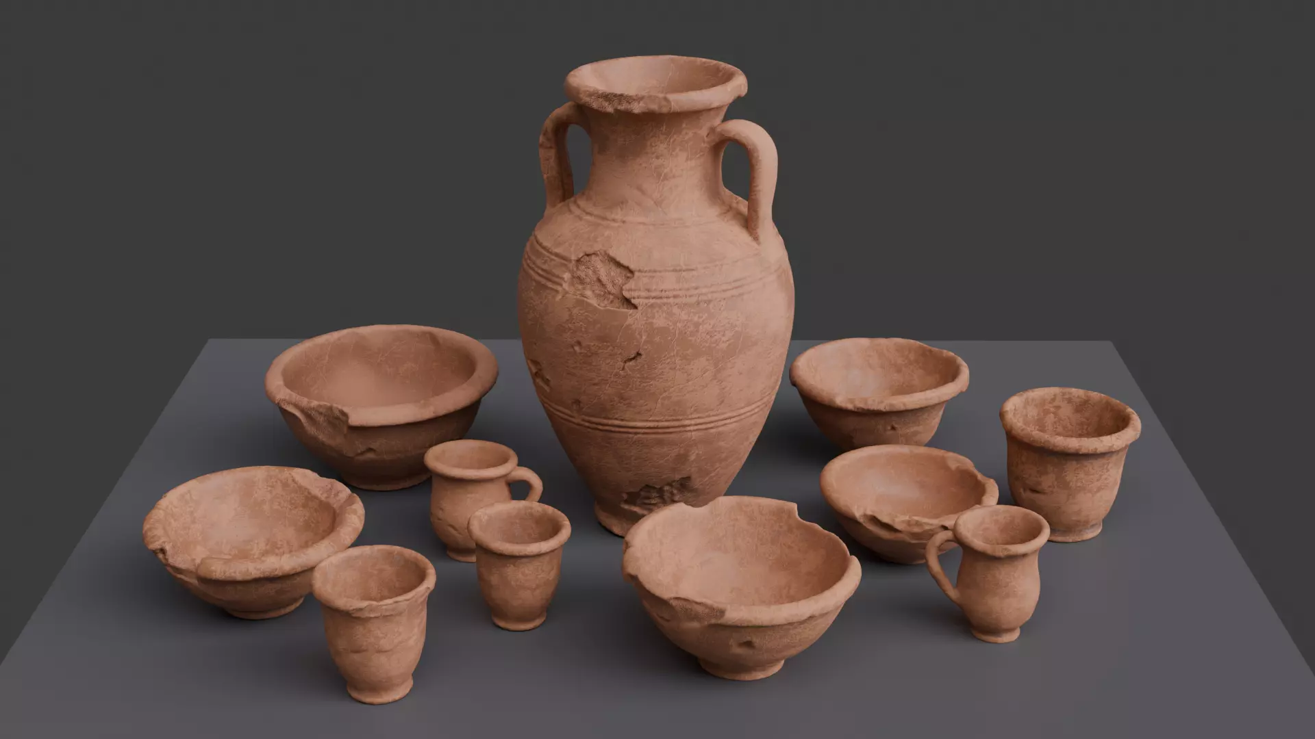 Ancient Roman Terracotta Pottery Set 3D model