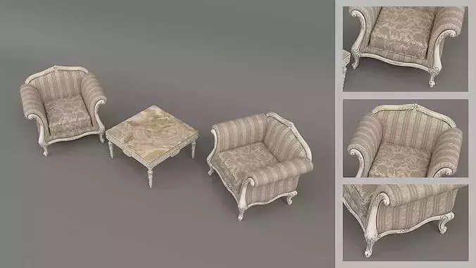 Luxury Classical Armchair and Side Table Set 3 3D model 2