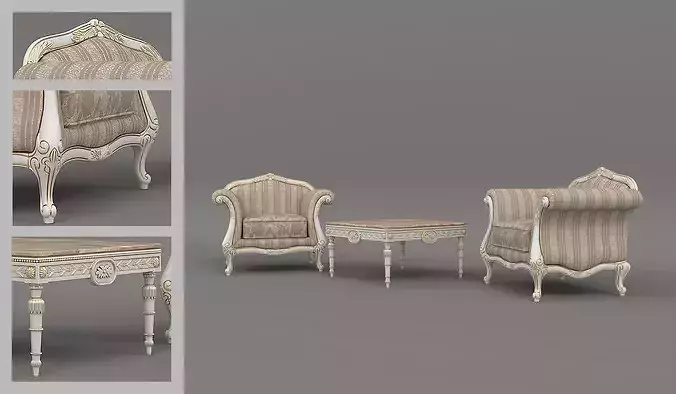 Luxury Classical Armchair and Side Table Set 3 3D model 3