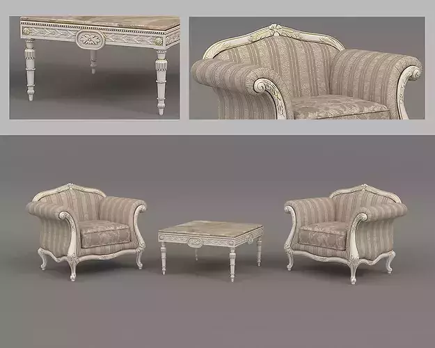 Luxury Classical Armchair and Side Table Set 3 3D model