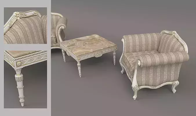 Luxury Classical Armchair and Side Table Set 3 3D model 5