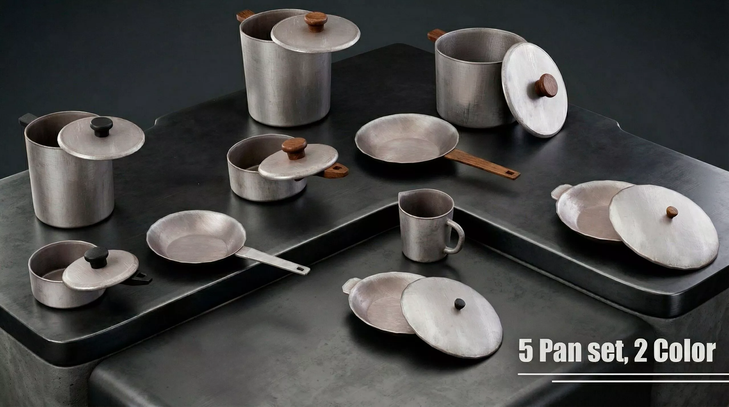 Old-Style Metal Cookware Set Pots Pans Mugs 5 Set 2 Handle Types Low-poly 3D model