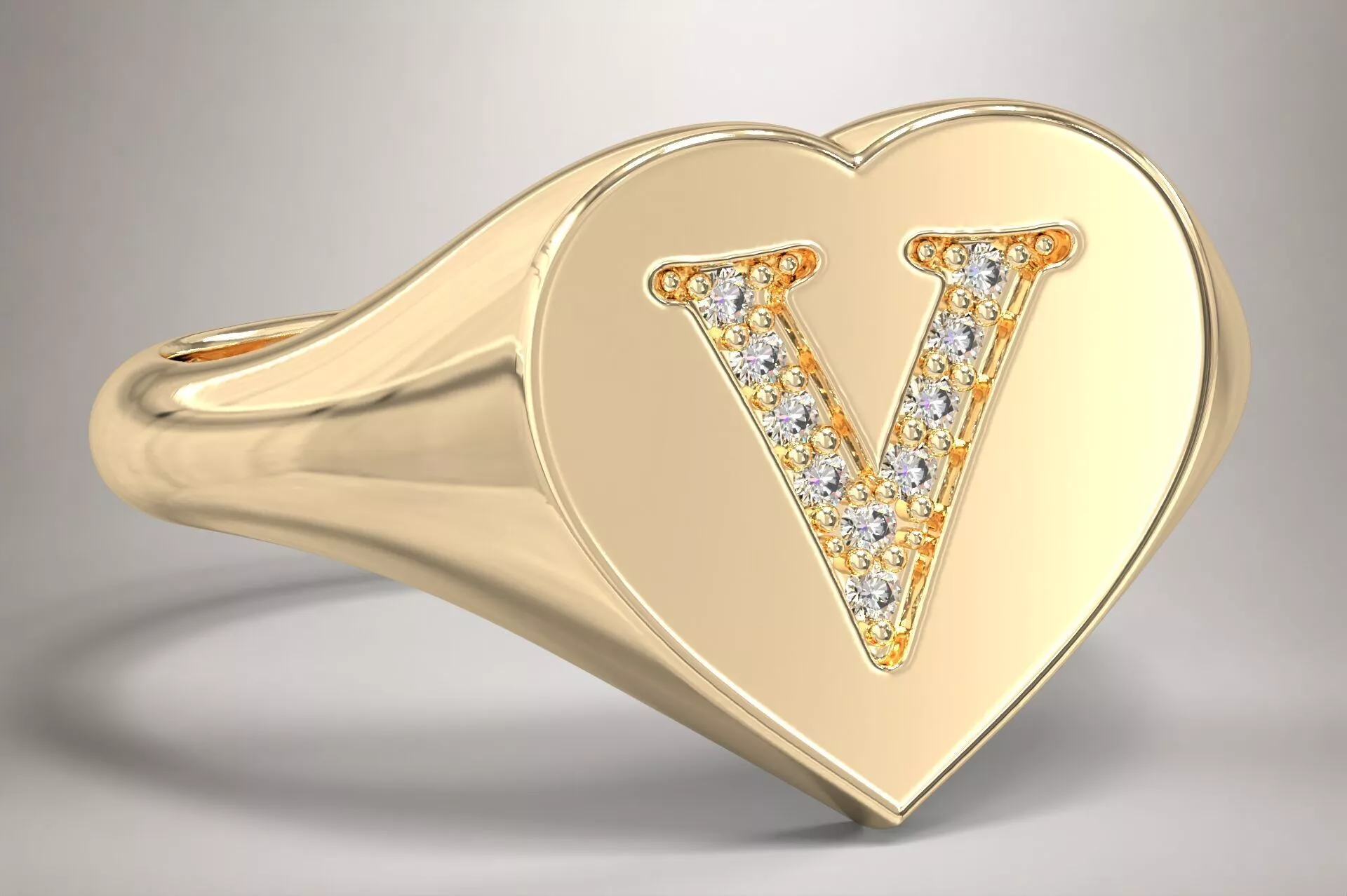 V Monogram Small Finger Ring Signet Heart Shape Chevalier 3D print model