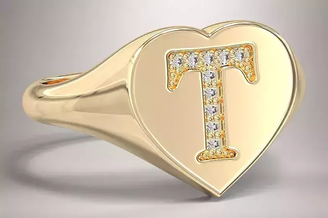 T Monogram Small Finger Ring Signet Heart Shape Chevalier 