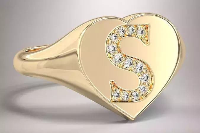 S Monogram Small Finger Ring Signet Heart Shape Chevalier