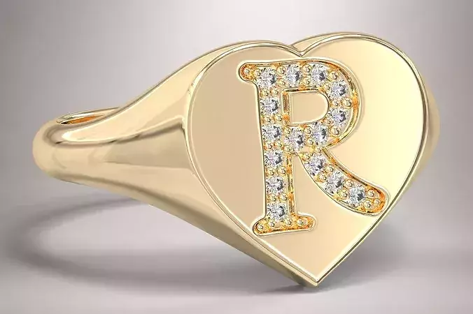 R Monogram Small Finger Ring Signet Heart Shape Chevalier 