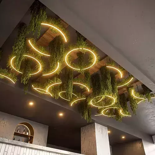 Modern LED Bar with Suspended Botanical Ceiling 3D model 2