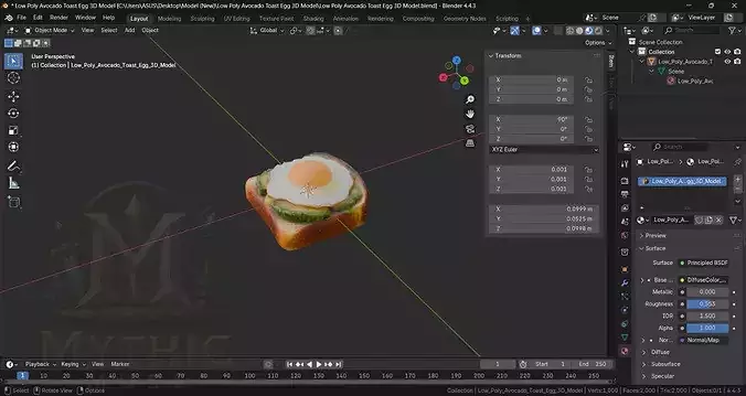 Low Poly Avocado Toast Egg 3D Model - Breakfast Game Asset Low-poly 3D model 7