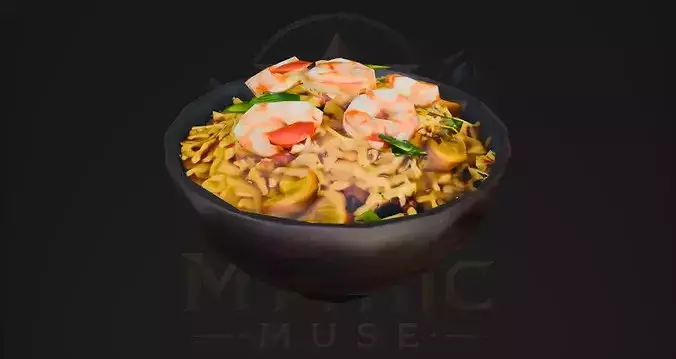 Low Poly Shrimp Fried Rice Bowl 3D Model - Asian Food Game Asset Low-poly 3D model 3