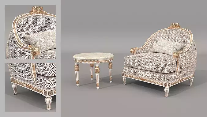 Luxury Classical Armchair and Side Table Set 4 3D model