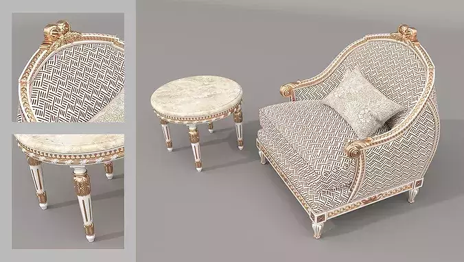 Luxury Classical Armchair and Side Table Set 4 3D model 2