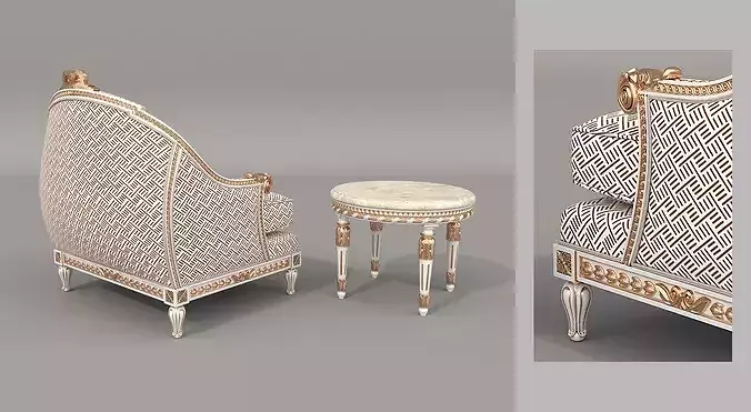 Luxury Classical Armchair and Side Table Set 4 3D model 3