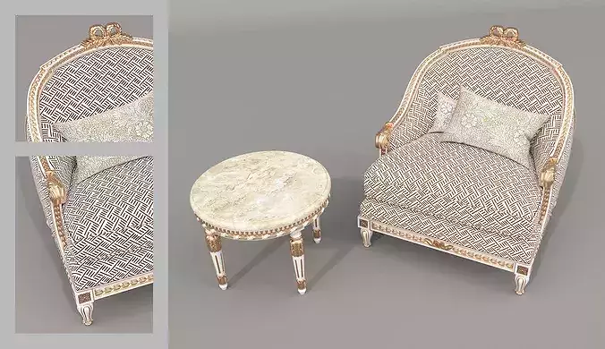 Luxury Classical Armchair and Side Table Set 4 3D model 4